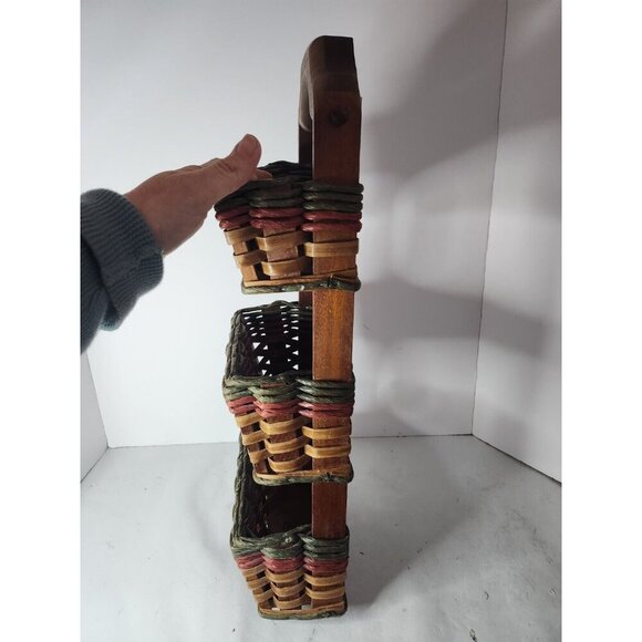 Vintage Foxcreek Basket Co Mahogany Wood Wicker 3 Tier Wall Mail Organizer - Picture 5 of 13